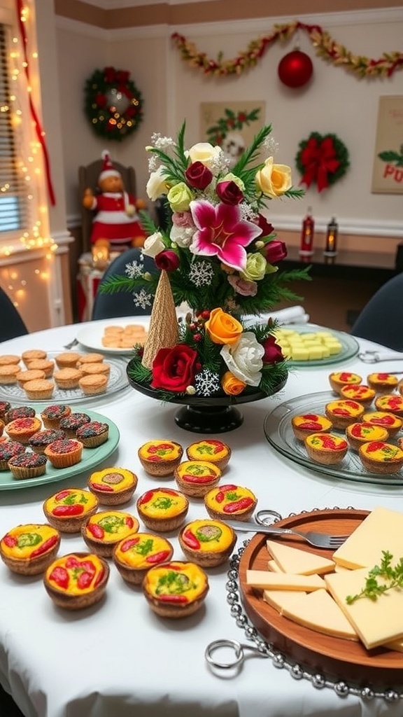 A vibrant spread of appetizers and desserts for an office Christmas party, including quiches, cheese board, and holiday cookies.